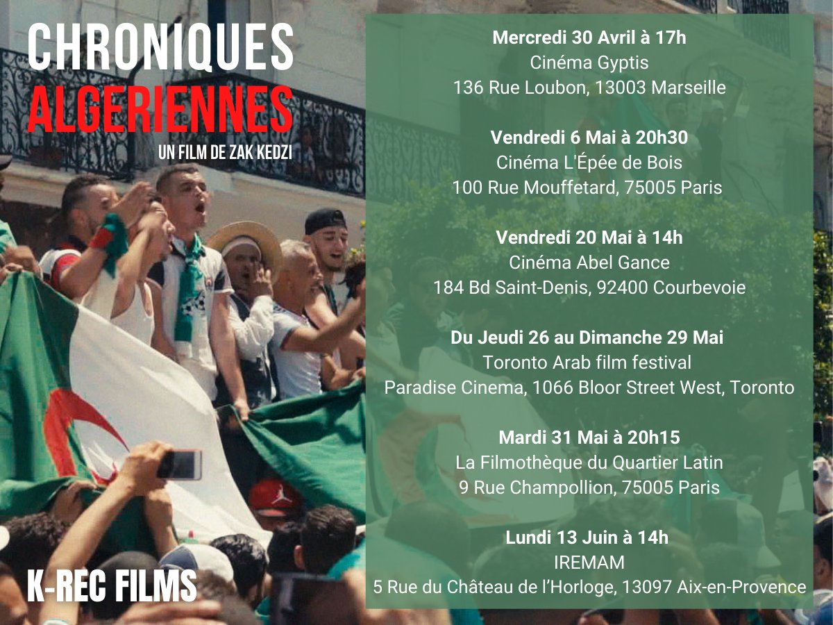 ZakKedzi's tweet photo. @ChroniquesDZ sera à Marseille au cinéma le Gyptis ce samedi 30 avril à 17h 🎬🔥 https://t.co/lSXUadLfQZ