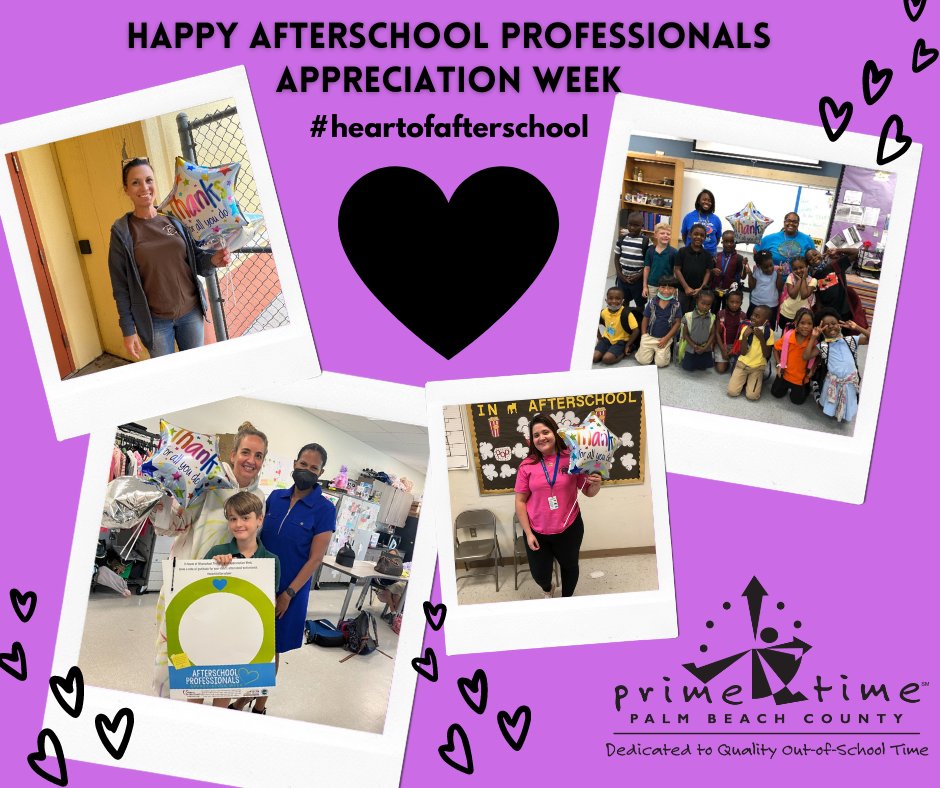 PrimeTimePBC's tweet photo. Happy Afterschool Professionals Appreciation Week. We #RECOGNIZE and #APPRECIATE all that you do for children and youth every single day. You truly are the #heartofafterschool. https://t.co/RBvrHWXLYS @cscpbc @PBCYSD @PBC21stCCLC @ExtLrngSDPBC https://t.co/uegBJhEOUF
