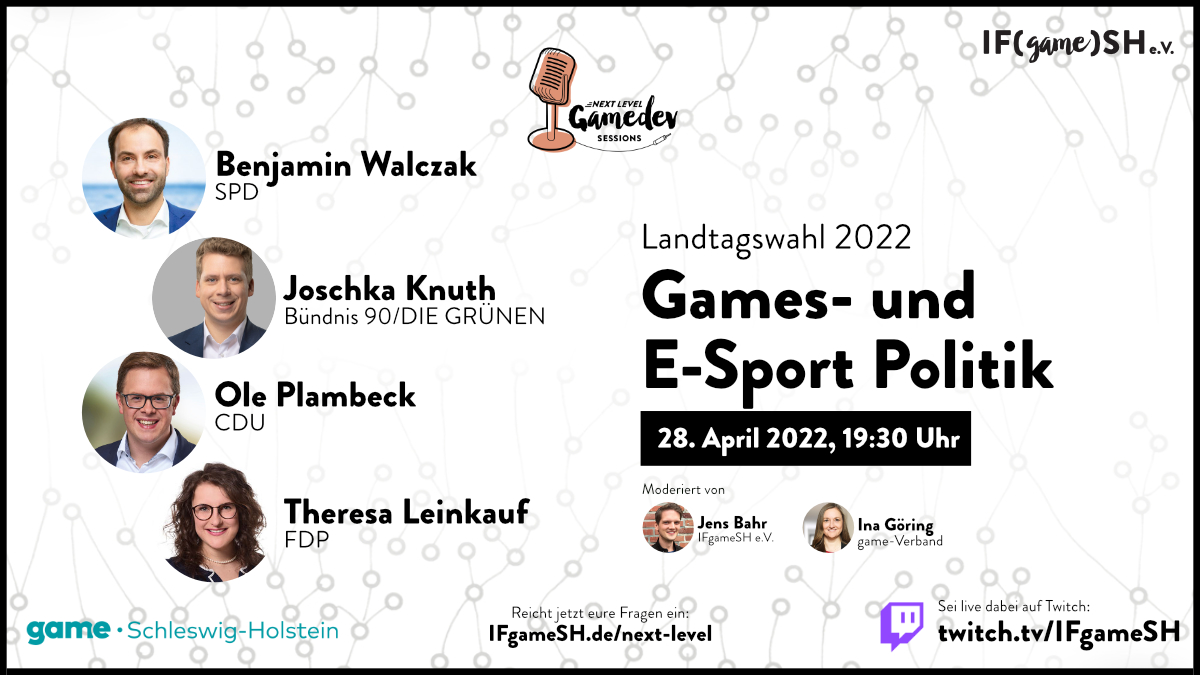 Zu sehen ist die Ankündigungsgrafik für das Panel zur Landtagswahl 2022 in Schleswig-Holstein zum Thema Games- und E-Sport Politik auf Twitch. Die im Tweet genannten Politiker & Politkerinnen sind zu sehen, zusätzlich sind Jens Bahr und Ina Göring als Moderatoren zu sehen.