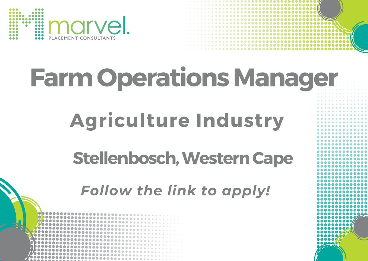 #jobalerts

#Farm_Operations_Manager in Stellenbosch, Western Cape.

Apply -> webapp.placementpartner.com/wi/vacancy?id=…

#vacancyalert #vacancy #hiring #jobs #recruitment #careers #recruiting #jobsearch #nowhiring #applynow #Stellenbosch #WesternCape #AgriculturalIndustry #FarmOperationsManager
