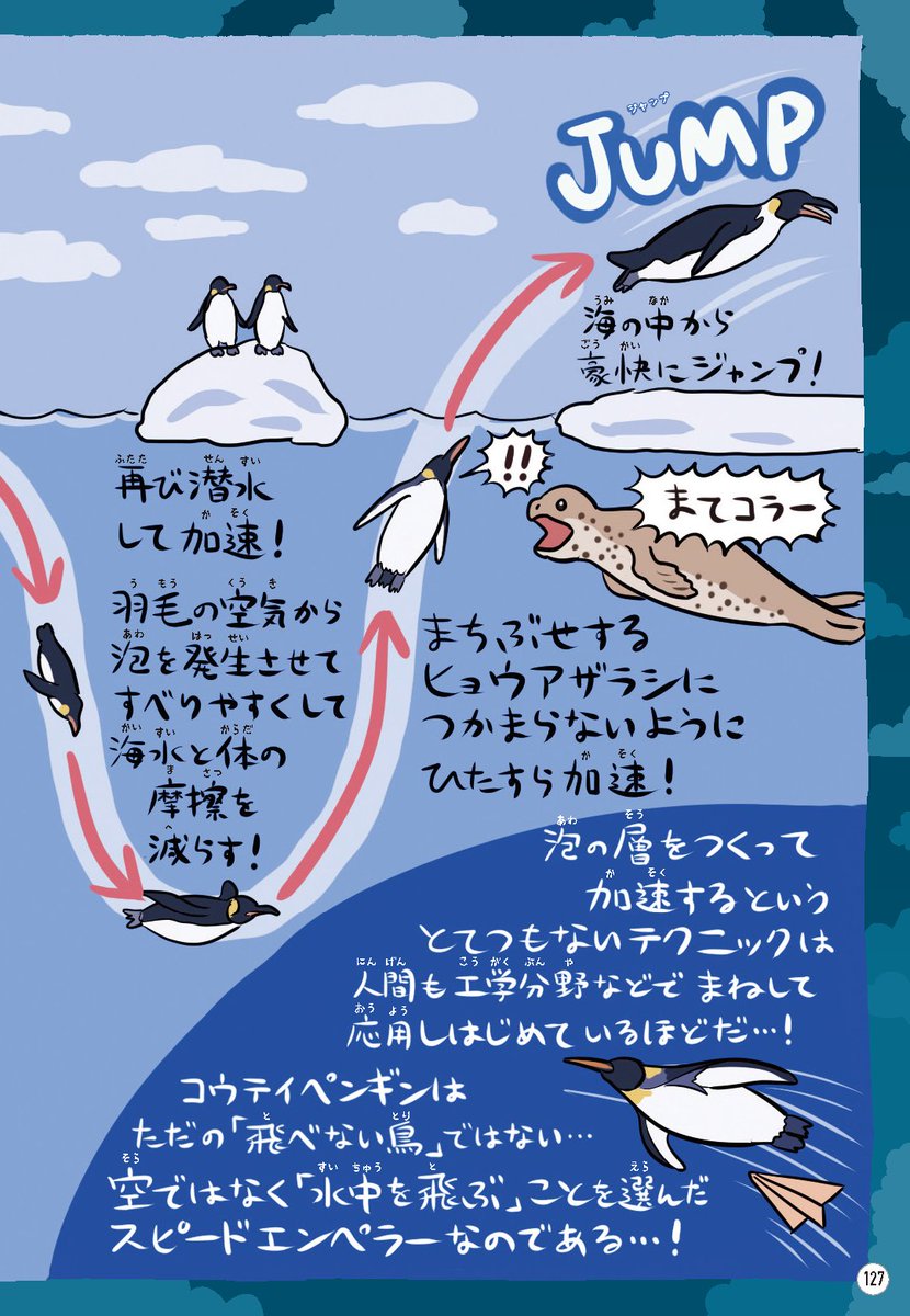#世界ペンギンの日 を祝して『ゆかいないきもの㊙︎図鑑』のペンギン見開きも載せておきます。陸上ではヨチヨチしていても、水中ではものすごいダイナミックな遊泳を決めていることが明らかになっているのです。ペンギンは飛べないのではない…飛ぶ必要がないのだ。