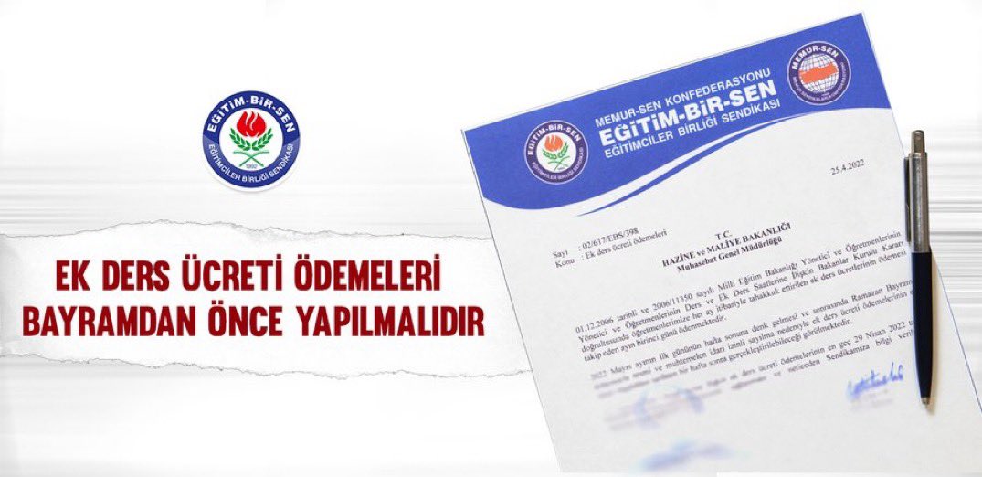 #Ekders Ücretleri Bayram Öncesi Ödenmelidir

Hazine ve Maliye Bakanlığı’na başvurarak,2022 Nisan ayına ilişkin #ekders ücreti ödemelerinin,bayramdan önce en geç 29 Nisan 2022 itibarıyla yapılıp,ödenmesi için gerekli tedbirlerin alınmasını talep ettik.

▫️ebs.org.tr/manset/5621/ek…