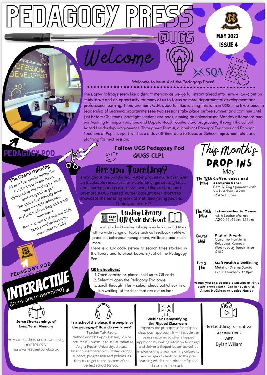 UGS_CLPL's tweet photo. ⚫️🟣🟡🟣⚫️May’s issue of the Pedagogy Press is available now and winging its way to staff inboxes and the @UGSchool website (links only available via email/website) ⚫️🟣🟡🟣⚫️ https://t.co/pNGJe49MUG