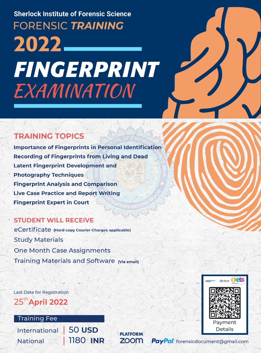 We have designed the high valuable training with lots of casework exercises related to Fingerprint examination. This Fingerprint training will be very useful for practising as a Forensic Expert Witness in a Court of Law. 
Details are available on Link.
lnkd.in/dkXPw5fn