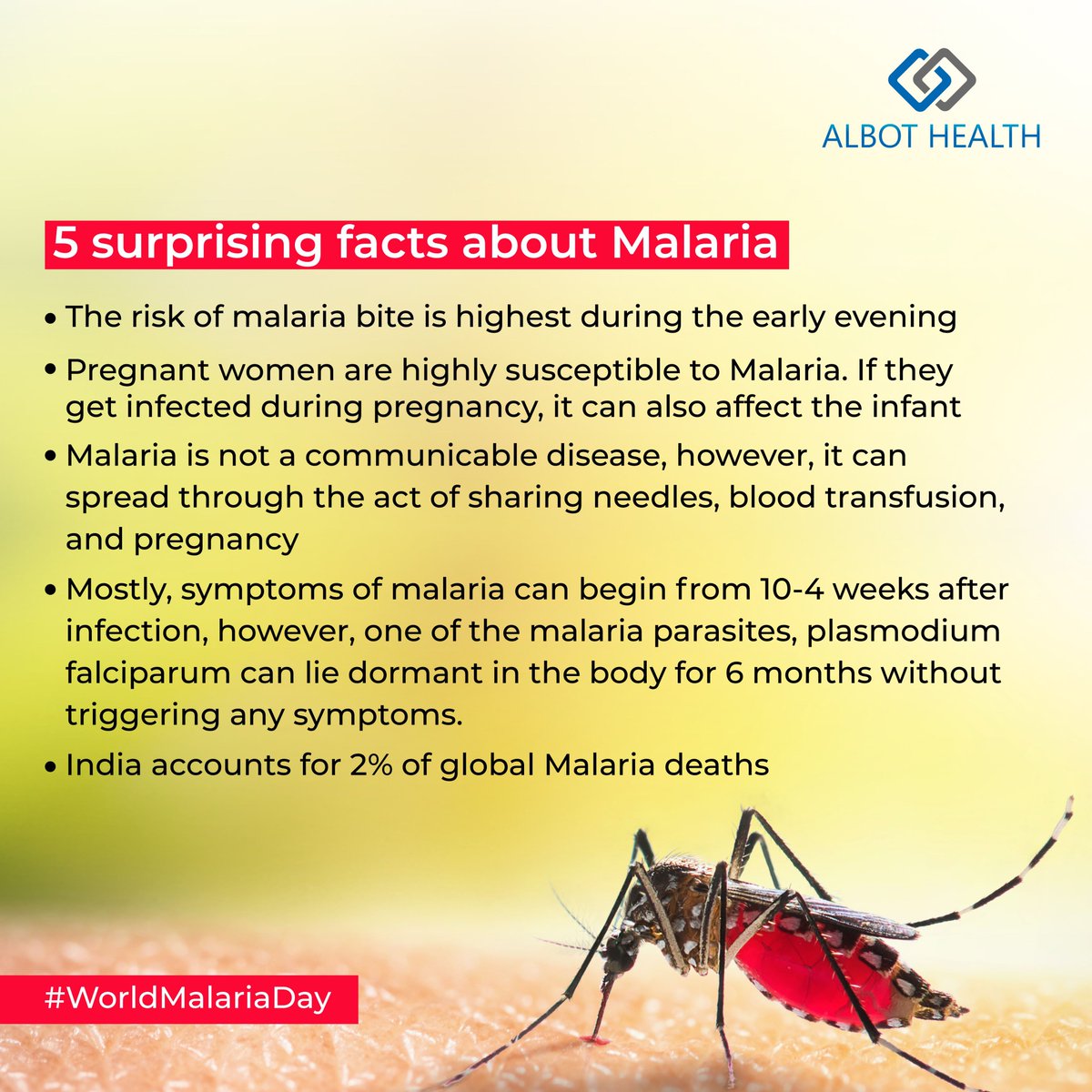 AlbotHealth's tweet photo. Wear protective clothing, use mosquito repellents, avoid stagnant water and in case of any symptoms, don’t wait to see a doctor. This #WorldMalariaDay, pledge awareness and take full care of yourself. 

#MalariaDay #AlbotHealth #malaria #dengue #MosquitoBite #WorldMalariaDay2022 https://t.co/Ju3TEDxkmb