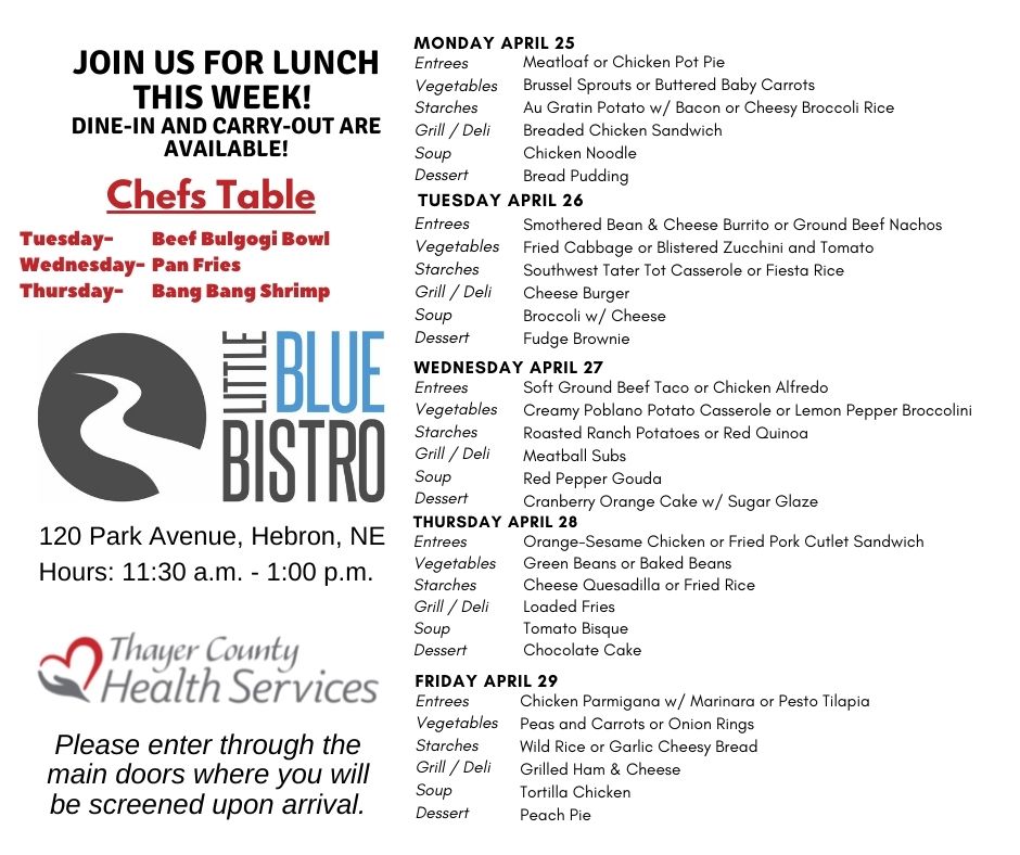 tchsne's tweet photo. Here is the menu for The Little Blue Bistro located inside the TCHS hospital in Hebron.
We serve breakfast and lunch here M-F and are open to the public and visitors to the hospital.

See you there! https://t.co/ISMXNQypSd