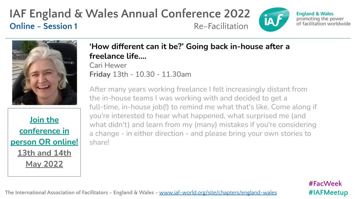 IAFEnglandWales's tweet image. Another brilliant session to share with you from our conference on 13th/14th May is this one from @carichi
on in-house facilitation after freelance life! 
To get your ticket: eventbrite.co.uk/e/re-facilitat… - don't forget your #IAF discount! #facilitation #iafmeetup