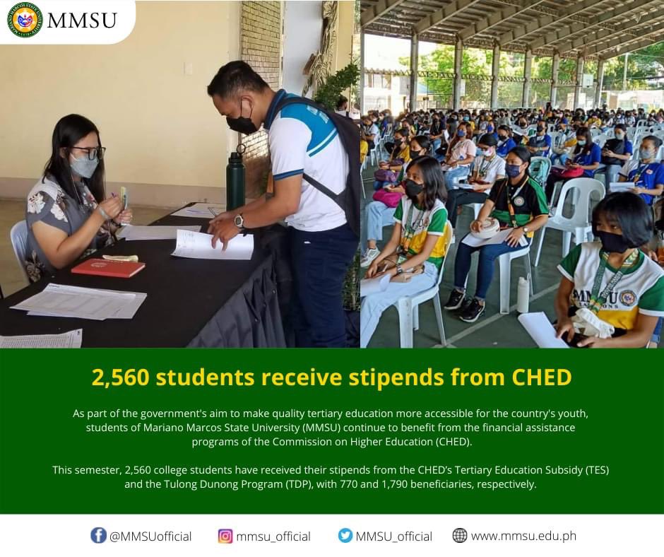 MMSU_official's tweet photo. READ: 2560 students receive stipends from CHED 

https://t.co/mSZ2loFwe9

#TertiaryEducationSubsidy #TulongDunongProgram 
#MMSUACHIEVE #CHED https://t.co/wIjC9QnVzT