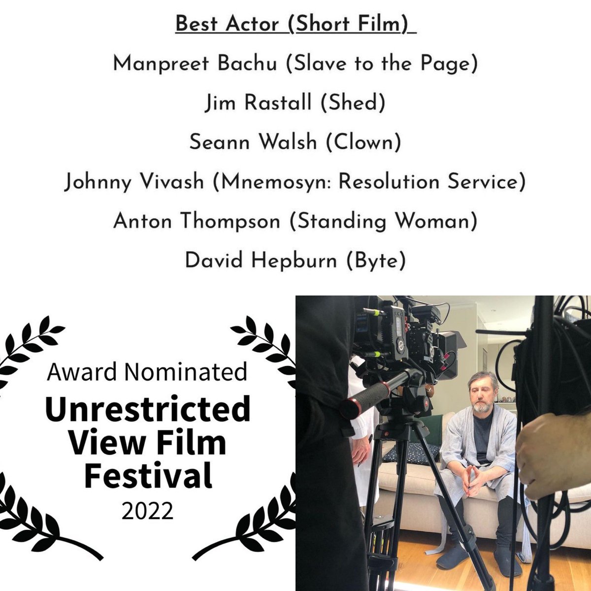 KashifBootheEnt's tweet photo. Congratulations to @JohnnyVivash who has been nominated for best actor @UViewFF !! Get the win!!! #shortfilm #scifi @MnemosyneThe @TheKingLobotomy @JedaCacioli 
#kashifbootheentertainment #mnemosyne https://t.co/0NW2YcNwSf