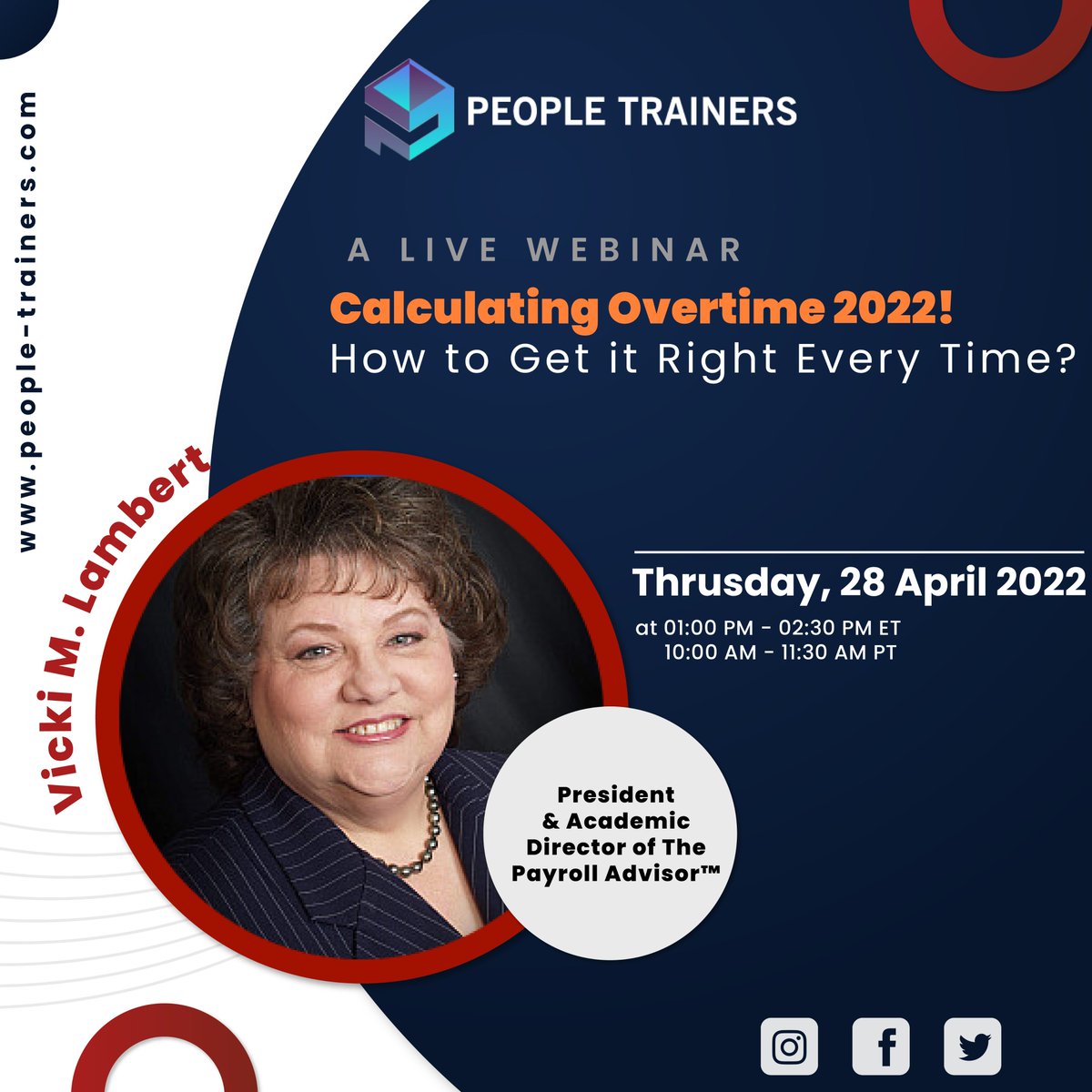 people_trainers's tweet photo. Click https://t.co/9JxD0aOfp4 to join @people_trainers next upcoming live webinar on 28th April 2022 by Vicki M. Lambert
.
#CalculatingOvertime #CalculatingOvertime2022 #FLSA #nonexemptemployees #IRS #Educational #LiveWebinars #FormUpdates #ComplianceTraining #Payroll #work #work https://t.co/Nw9vDX2nnj