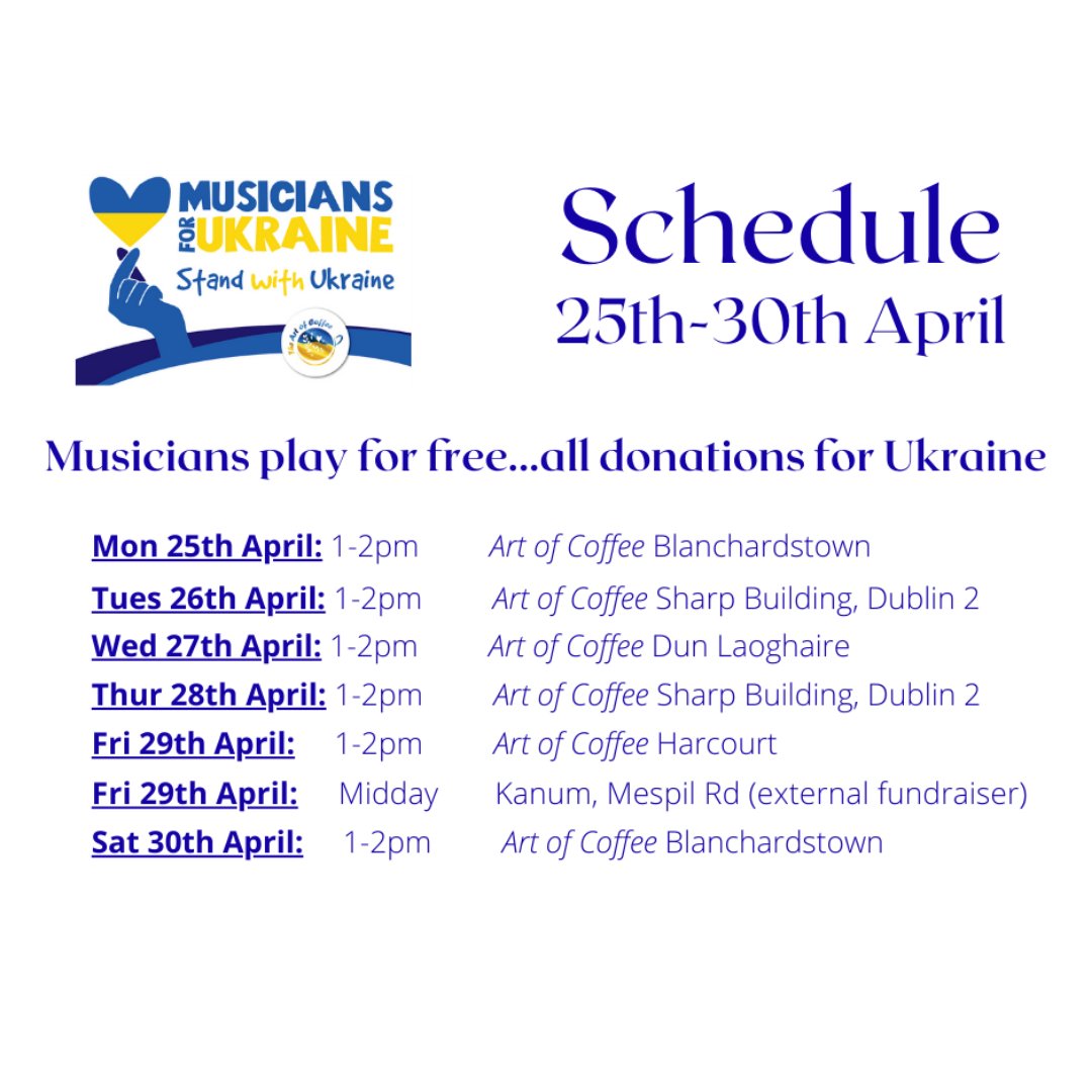 stellabass's tweet photo. Here's the schedule for this week.
'Twill be myself on Thursday! ๐
Come along and support a great cause!
You can donate online here:
https://t.co/KOcMgZCxxT
#Ukraine #MusiciansForUkraine #Ireland #Dublin #StopRussiaNow https://t.co/ruRa4dCUVM
