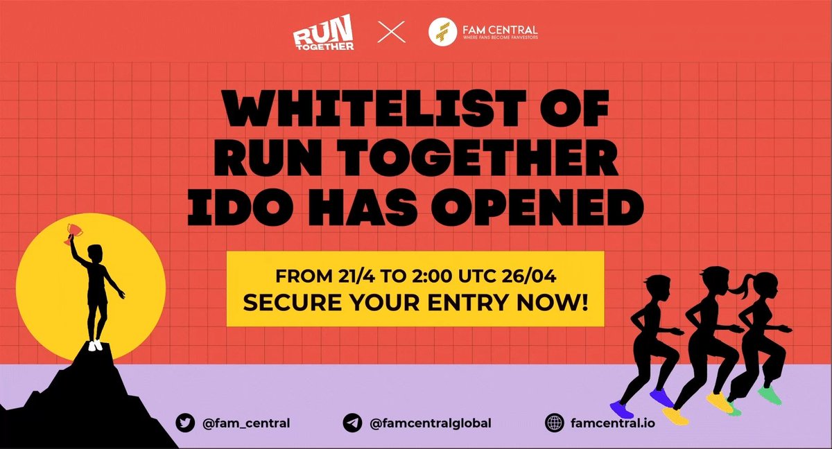 New Whitelist: FamCentral × Run Together
Winners: All Participants
News: Coinmarketcap, Coinbase, Binance, Coingecko
End Date: 26th April, 2022

🔗 Whitelist Bot: t.me/whitelistrunto…

#Airdrop #AirdropAchiever #Crypto #NFT #Bitcoin #BNB #FamCentral #RUNTOGETHER #Whitelist