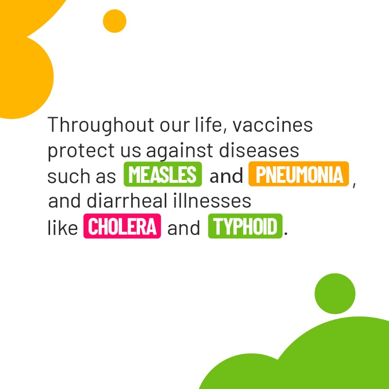 WHO's tweet photo. Vaccines accompany us through our life-course &amp; protect against:
Cervical cancer
Cholera
COVID-19
Diphtheria
Ebola
Hep B
HPV
Influenza
Japanese encephalitis
Malaria
Measles
Meningitis
Mumps
Pertussis
Pneumonia
Polio
Rabies
Rotavirus
Rubella
Tetanus
Typhoid
Varicella
Yellow Fever