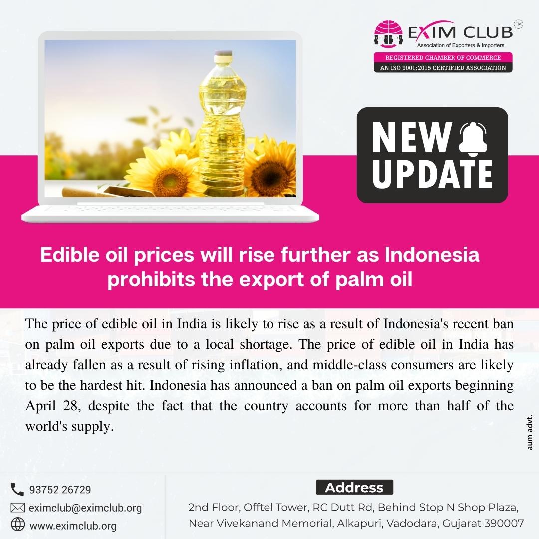 mohdyounes336's tweet photo. Edible oil prices will rise further as Indonesia prohibits the export of palm oil
#eximclub #newsupdate #foreignpoilicy #importexport #shipping #business #india #vadodara #exim  #exports #exporter #edibleoil #oil https://t.co/5W5prGx058 https://t.co/i6yphgu5K5
