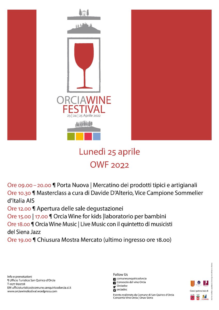 visitsanquirico's tweet photo. #orciawinefestival un #25aprile #orciadoc con la Masterclass di Davide D'Alterio Vice Campione Sommelier d'Italia AIS, mercatino prodotti tipici ed artigianato, degustazioni libere, animazione per bambini e la musica di #SienaJazz https://t.co/SDo19jWyVM