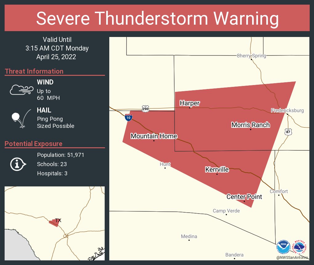 NWS Severe Tstorm on Twitter "Severe Thunderstorm Warning including Kerrville TX, Ingram TX
