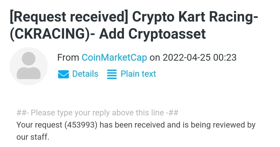We, as $CKRACING Token applied to CoinMarketCap successfully.
Our ticket number is 453993.

We are awaiting in excitement to be listed on CoinMarketCap

#CoinMarketCap #CMC 
<a href="/CoinMarketCap/">CoinMarketCap</a>
