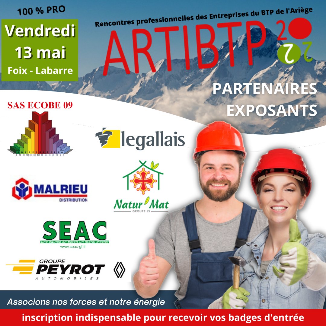 CapebCnatp09's tweet photo. [PARTENAIRES EXPOSANTS - ARTIBTP] 5/6
Tout au long de la journée, venez découvrir nos partenaires et exposants 
#capeb #cnatp #foix #ariege #btp #entreprises #professionnels #batiment #artisan #peintre #paysagiste #menuisier #charpentier #ebeniste #macon #plombier #electricien https://t.co/oatGcMI2TD