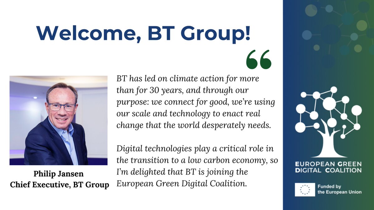 GDCoalition's tweet photo. Welcome to our new member, @BTGroup! Chief Executive Philip Jansen says “Digital technologies play a critical role in the transition to a low carbon economy, so I’m delighted that BT is joining the European #GreenDigitalCoalition”
🌱 https://t.co/75dQ4rYmDi https://t.co/XhHmLMAaBr