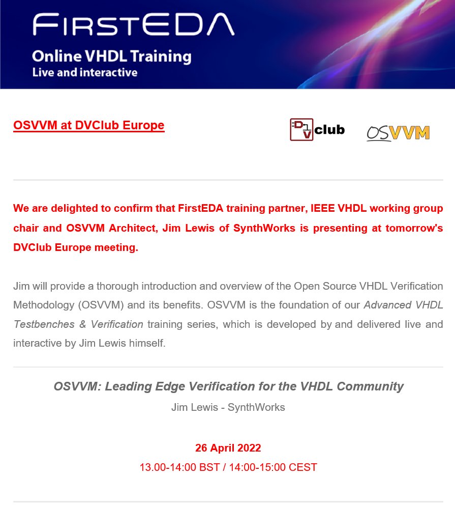 FirstEDA's tweet photo. OSVVM at DVClub &amp; FirstEDA Online VHDL training - https://t.co/KjbmBkszW0 https://t.co/JgnO6bDxdp