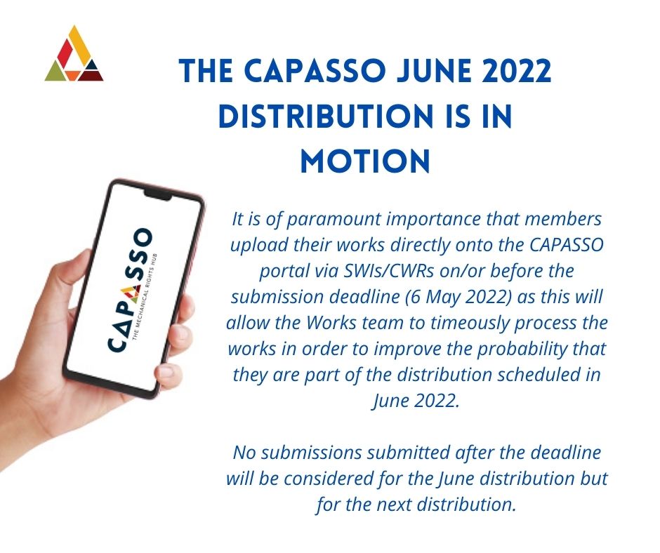 CapassoHub's tweet photo. We would like to remind all members to urgently and regularly notify all Unidentified Works by Friday, 6 May 2022 through our CAPASSO portal.
We highly recommend that all members urgently submit to avoid last-minute submission.
#monday https://t.co/k7V4u9GzPz