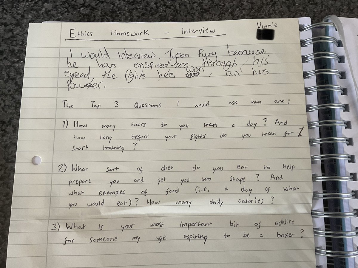 MrStammers's tweet photo. @Tyson_Fury Firstly, congratulations on an amazing performance, not just Saturdays fight but in your journey. I have been teaching Yr7 about inspirational people; who they are inspired by. Attached is a list of questions submitted by a student who you inspire. Congrats Champ 🥊🙏🏼 https://t.co/kuN3IXGJvs