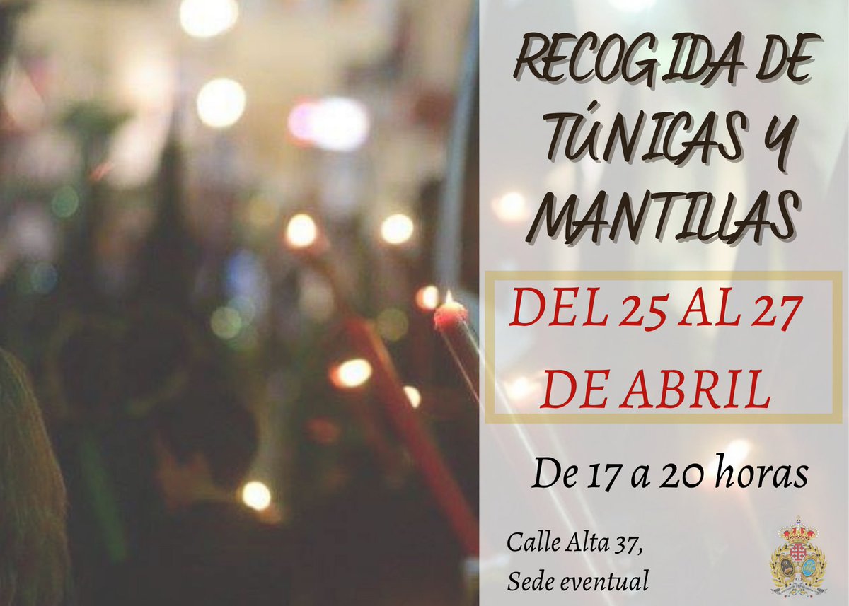 StoEntierro's tweet photo. AMPLIACIÓN PLAZO DE RECOGIDA DE TÚNICAS Y MANTILLAS 
Del 25 de abril al 27 de abril
Horario: 17:00 - 20:00 horas
#CofradiasMLG #Campillos #Santoentierro #angustias https://t.co/uNEd2FoEnJ
