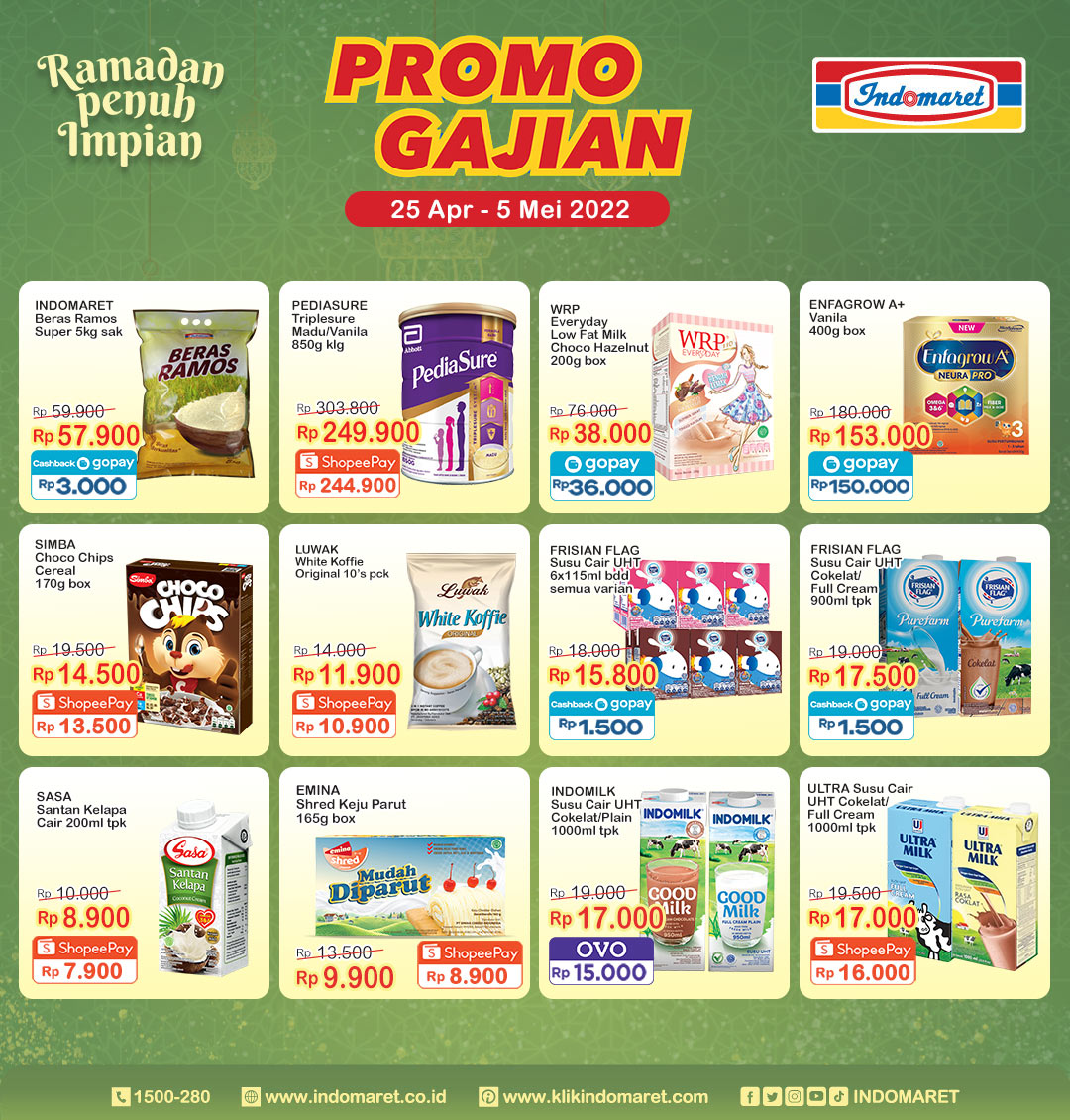 Indomaret's tweet photo. Promo Gajian hadir lagi nih, sobat!! Periode 25 April - 5 Mei 2022.
S&amp;K Harga Spesial bertanda ShopeePay/Ovo/Gopay: 
Harga Spesial yang didapatkan berlaku untuk maks. 1 (satu) barang per transaksi per struk. 
#indomaret l #PromosiIndomaret https://t.co/t74yWEPxn6