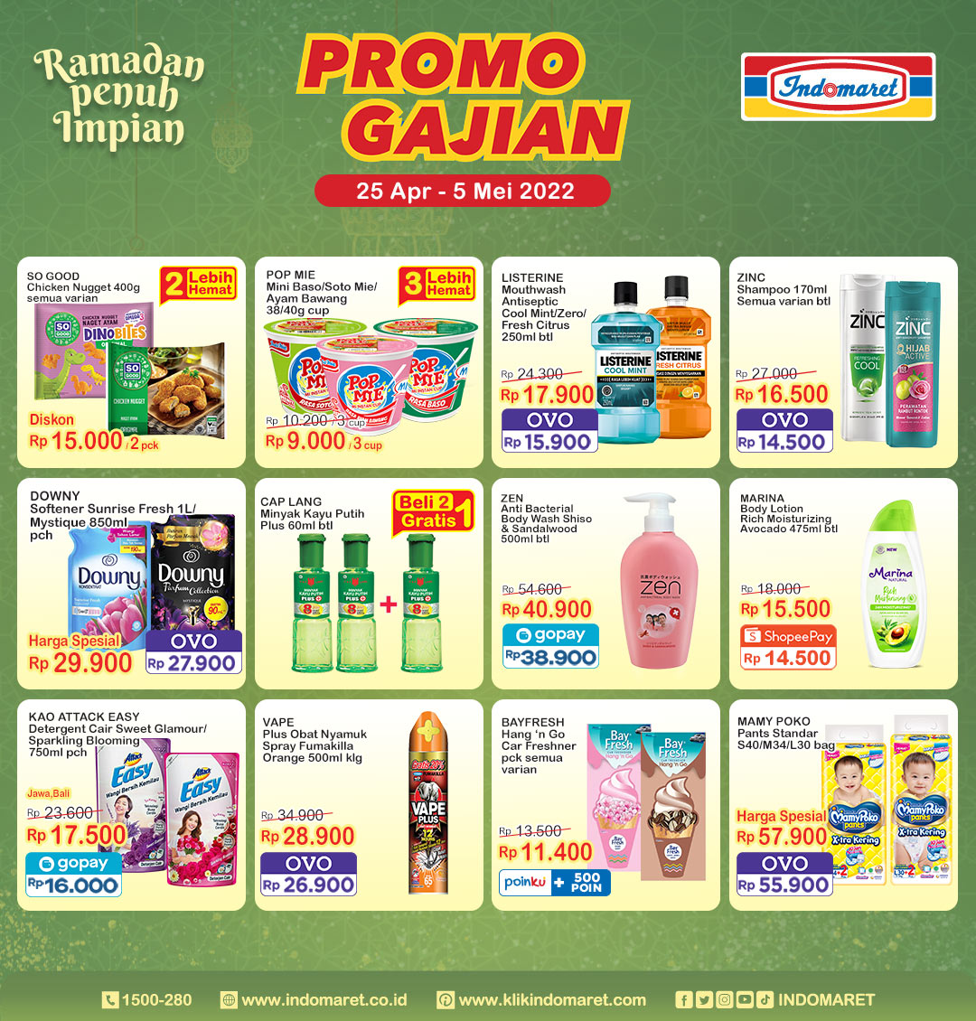 Indomaret's tweet photo. Promo Gajian hadir lagi nih, sobat!! Periode 25 April - 5 Mei 2022.
S&amp;K Harga Spesial bertanda ShopeePay/Ovo/Gopay: 
Harga Spesial yang didapatkan berlaku untuk maks. 1 (satu) barang per transaksi per struk. 
#indomaret l #PromosiIndomaret https://t.co/t74yWEPxn6