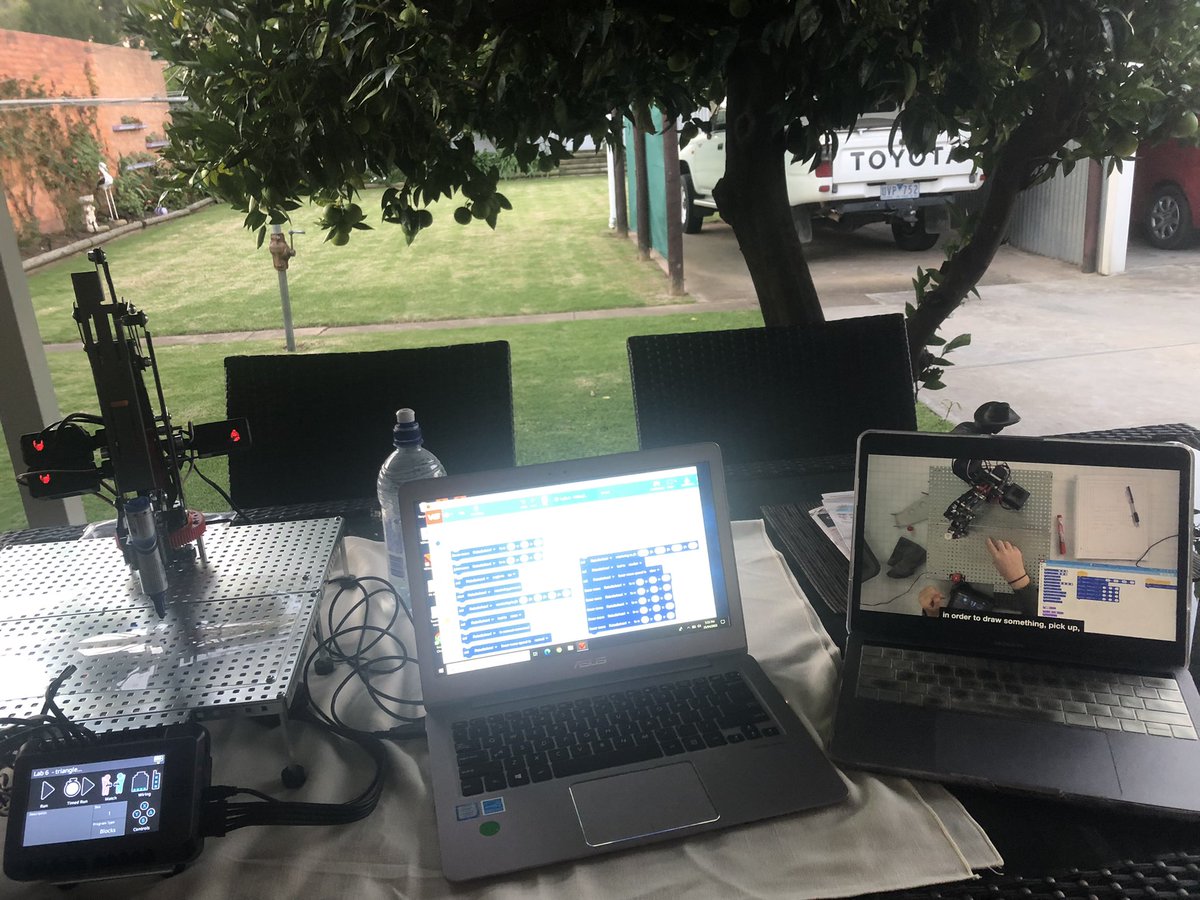 mareetimms's tweet photo. My afternoon set up, one laptop with @SmarterwHarter help videos in the #STEMlab - teacher certification, coding laptop and connected to the #VEXworkcell https://t.co/rcfMOLZ0c0