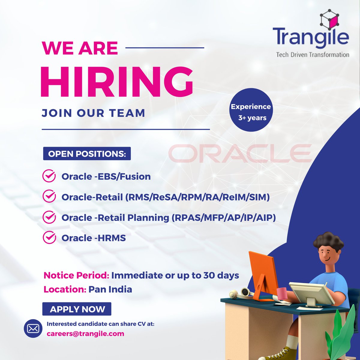 TrangileService's tweet image. We at Trangile are actively looking for Oracle Developers! If you are well-versed with Oracle and want to grow alongside us, join us now!
Mail us at careers@trangile.com
#hiring #oracle #oracledevelopers #vacancies #trangile #softwaredevelopers #coders #ITProfessionals