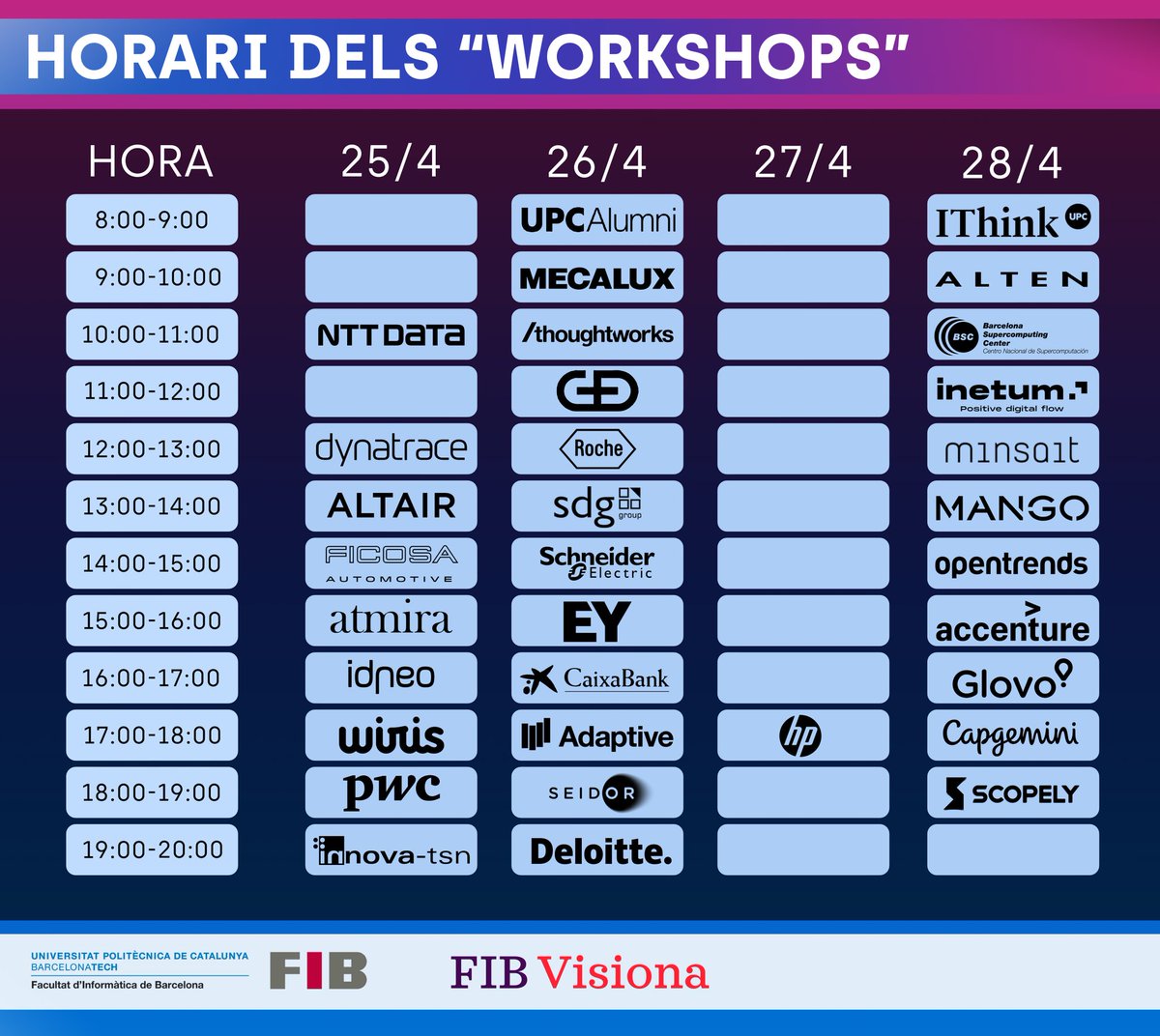 Este es el horario de los workshops que se harán durante la feria. Inscríbete en la plataforma para poder asistir y ganar premios. (Link en la bio) 🥳

#FiraFIBVisiona #FeriaFIBVisiona #FIBVisiona #Empleo #Practicas #FIB #UPC #code #Programming #Programmer #FindJob
