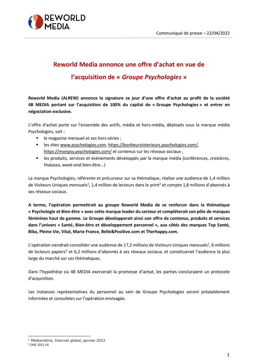 ReworldMedia's tweet photo. #ReworldMedia #Psychologies #offredachat
Reworld Media vient d'annoncer une offre d’achat en vue de l’acquisition du groupe Psychologies et son entrée en négociation exclusive. Cette offre porte sur l’ensemble des actifs, média et hors-média, déployés sous la marque Psychologies. https://t.co/rzefpTTiWL