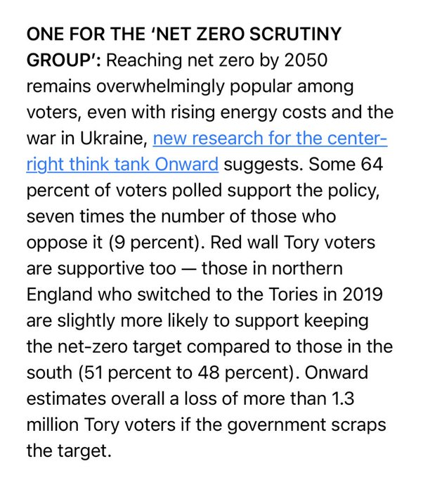 Worth giving this new @ukonward report from the #GettingtoZero programme a read, authored by @jim_blagden and @Will_Tanner. 

Up to 1.3 million Tory votes could be lost by dropping the net zero target. 

Coverage in @politico this morning 👇