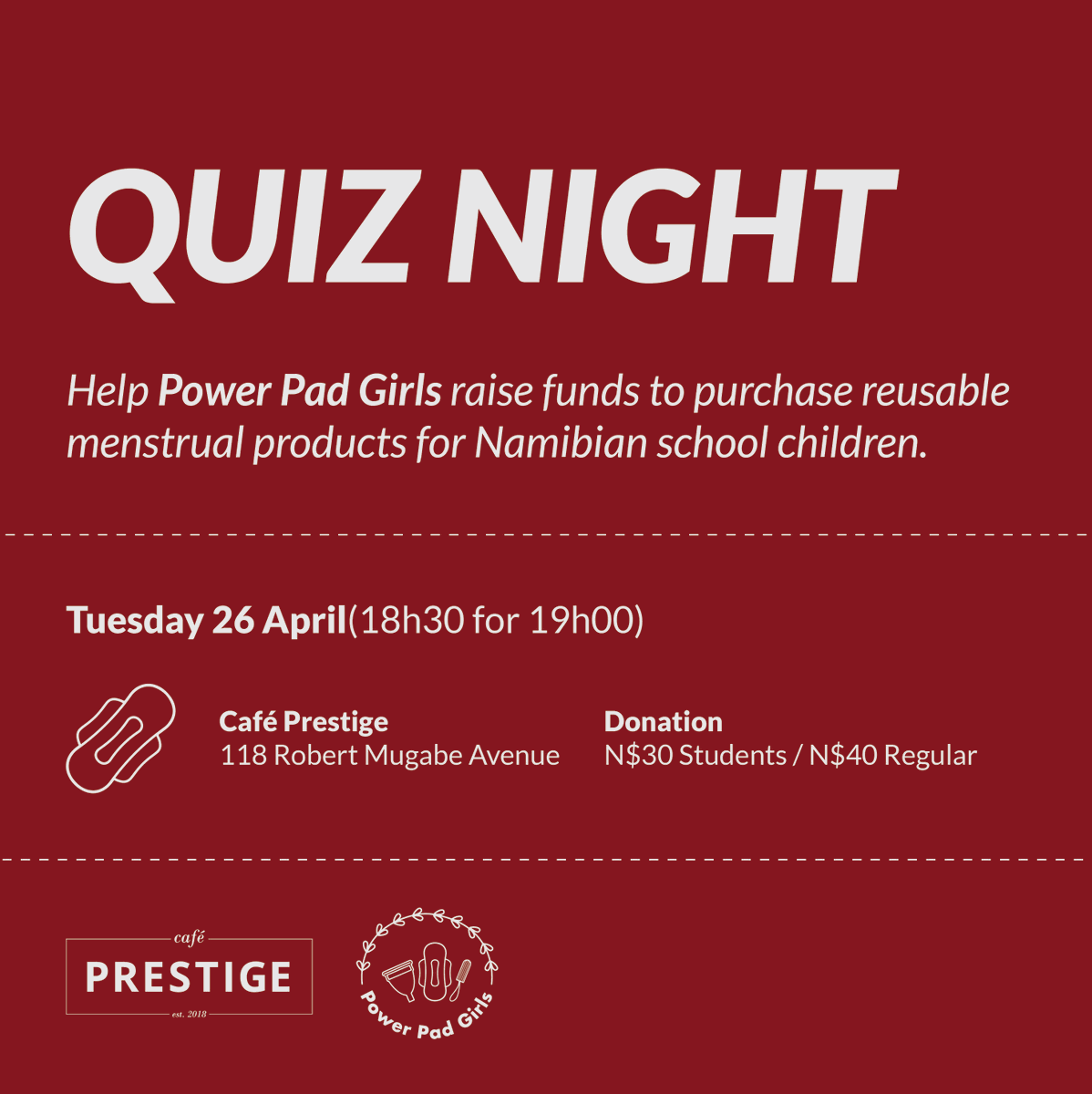 PowerPadGirls's tweet photo. Join us for our monthly quiz night tomorrow @cafeprestigena 18h30 for 19h00! See you all there! https://t.co/K1nG7vR28C
