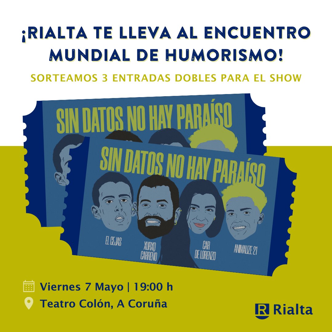 ¿Te gustaría echarte unas risas en directo con <a href="/elcejasofficial/">El Cejas</a>, <a href="/xurxocarreno/">Xurxo Carreño</a>, Car De Lorenzo y <a href="/animalize21/">animaLize21</a> en el #EMHU2022? Sorteamos 3 entradas dobles para el show “Sin datos no hay paraíso” en el Teatro Colón el próximo 7 de mayo para que puedas asistir con quien quieras 🤗