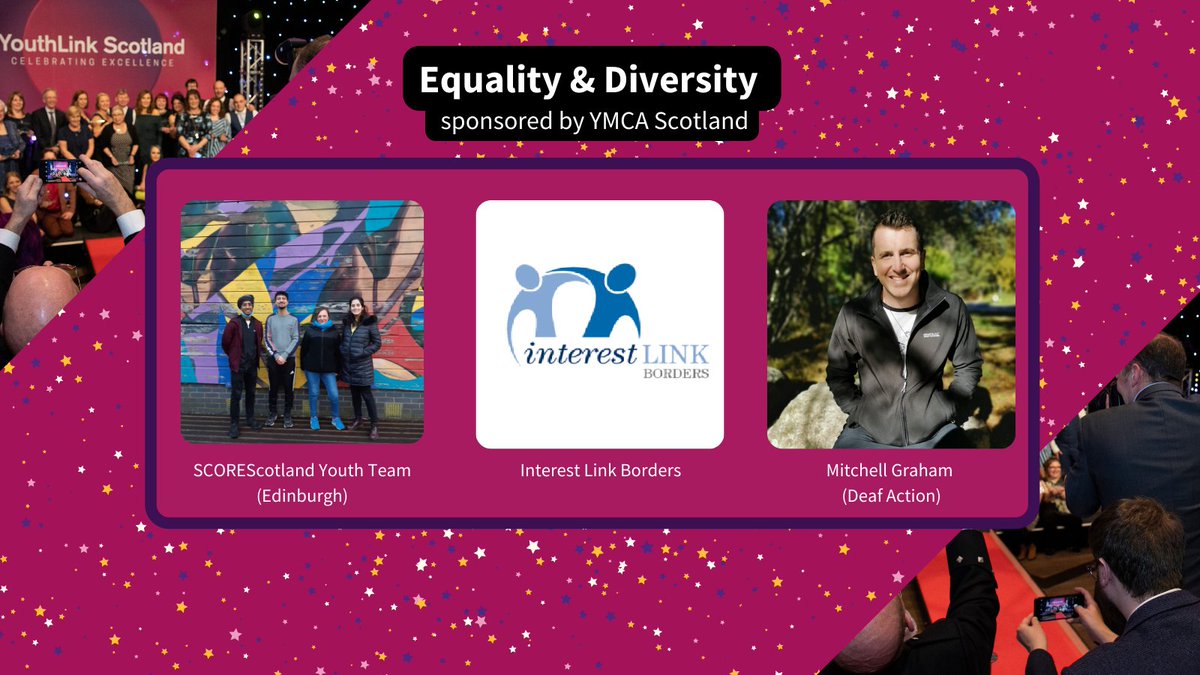 🤩 We're super excited to announce our Equality and Diversity finalists! Sponsored by <a href="/YMCAScot/">YMCA Scotland</a> ⭐ 

👏 A round of applause for  <a href="/SCOREscotland/">SCOREscotland</a>, <a href="/InterestlinkB/">InterestLinkBorders</a> and Mitchell Graham <a href="/DeafAction/">Deaf Action</a>  

👇 Find out more about their amazing #YouthWork here!
bit.ly/3rHd80H