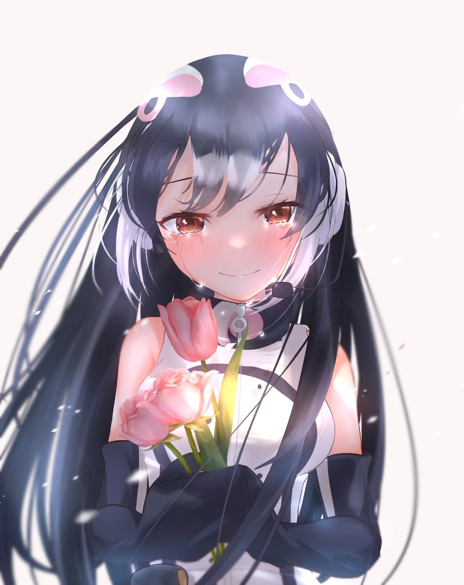 1girl solo black hair long hair gloves flower looking at viewer  illustration images