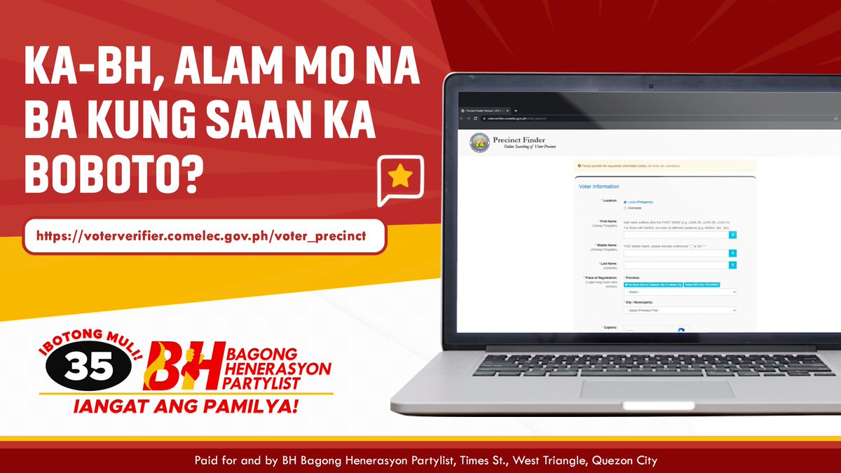 BH_Partylist's tweet photo. Alam mo na ba kung saang presinto ka boboto? 

Binuksan na ng COMELEC ang online Precint Finder para sa lahat ng mga botante ngayong 2022! Makikita sa site na ito ang iyong presinto para sa Mayo 9:

🔗 https://t.co/HR76tuJYyR

#35BHBagongHenerasyonPartylist #35BHPartylist https://t.co/gp2yNaO0xh