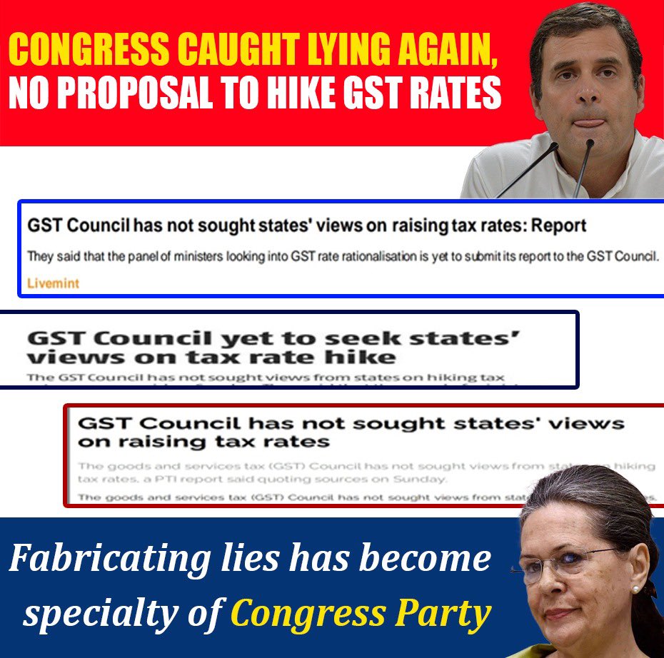 Ravindranathbjp's tweet photo. There is no proposal to hike GST rates. The press conference by Congress is a brazen attempt to divert the attention from the news of Priyanka Gandhi taking bribe in Yes Bank Case.
https://t.co/9dyurghjZG