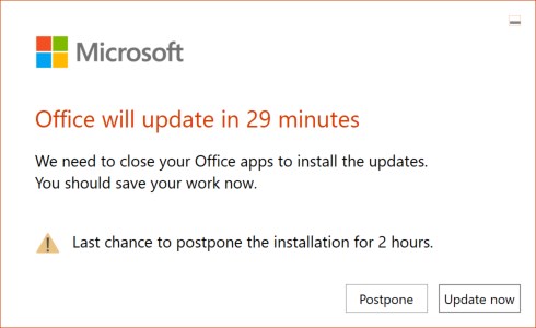 georgebaily's tweet photo. "Office will update in 29 mins" - try to switch to your app, you cannot ... eventually move the dialog and the office app save dialog is stuck behind it.
#MicrosoftExperience https://t.co/g6q4tf3xeg