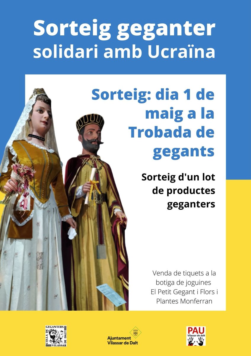 Arriba la Festa Major de #Vilassar. Els <a href="/gegantsvilassar/">Gegants de Vilassar</a> impulsen un sorteig geganter solidari amb Ucraïna. 

📍Pots adquirir els tiquets del sorteig a #ElPetitGegant o #FlorsiPlantesMonferran. 

📆 El sorteig es farà a la trobada gegantera de l'1 de maig.
