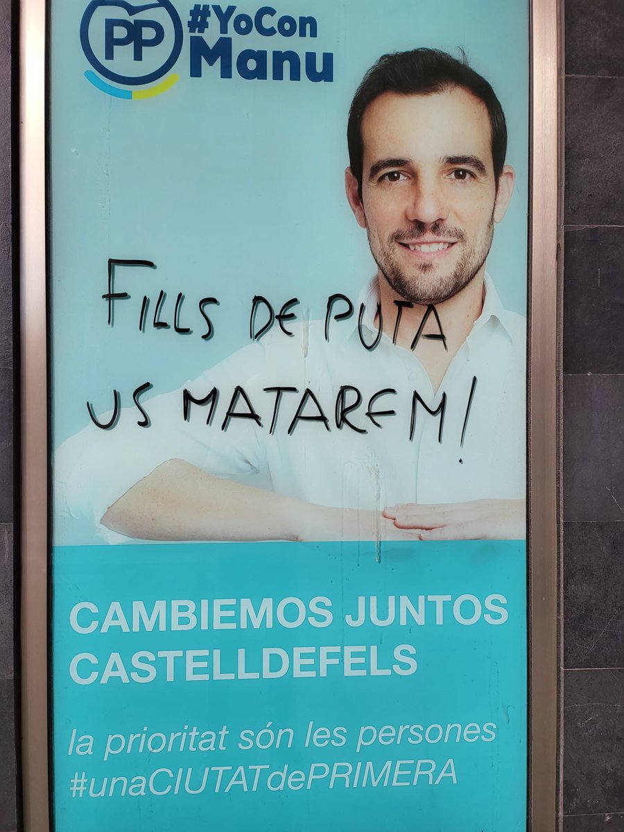 Societatcc's tweet photo. Continúa la "normalidad" en Cataluña. Con pocas horas de diferencia mensajes de odio y amenaza contra la alcaldesa socialista de Sabadell @socmartafarres y el presidente provincial del PP, @manureyeslopez. Nuestra solidaridad con ambos y nuestra condena de tanto odio estéril. https://t.co/l2p9ClP30R