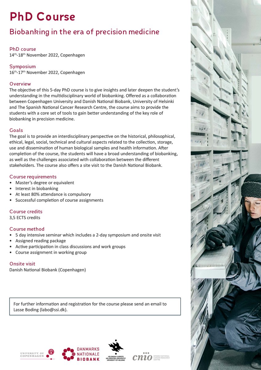 NationalBiobank's tweet photo. Happy to announce that this year's PhD course in biobanking is now open for enrolment: 
https://t.co/3rt1QXOLOT https://t.co/aflPcLJ75r