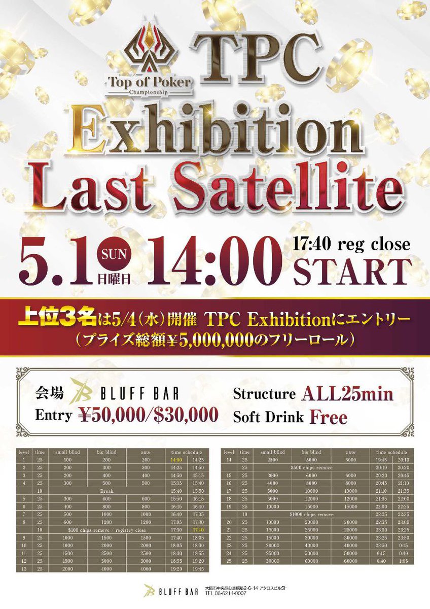 56s_POKER's tweet photo. 今週は👑TPCエキシビション開催直前WEEK👑
って事で…
全トーナメント(フリーロールは除く)の優勝者に5/3~5/8期間中使える🎟️¥20,000分チケット🎟️を進呈‼️
これは激アツ💥
本日4/25(月)のブラフバーは
🐉GOLD DRAGON🐉サテ開催日😁
=JAPAN GOLD DRAGON=
🎁Prize総額¥5,000,000
👑DAY2 6/26(日)11:00 https://t.co/U4XqxDNMBr