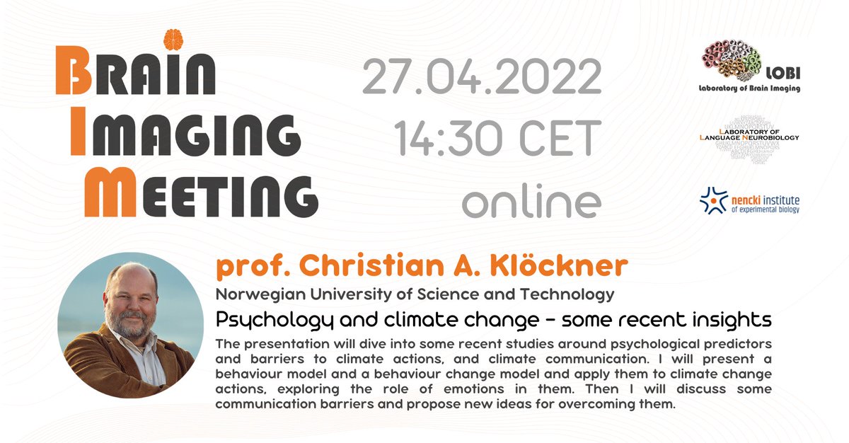 Come see Christian A. Klöckner's talk “Psychology and climate change – some recent insights” on Brain Imaging Meeting!
To join online on Wednesday 27.04.2022 at 2.30 CET follow this link: meet.google.com/jgm-qefb-mre