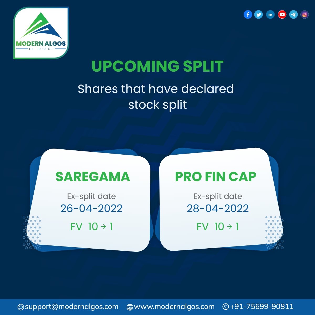 ModernAlgos's tweet photo. These Companies have declared Stock Split. How many of these do you have in your portfolio?
#split #sharemarket #stocksplit #sharesplit #stockmarket #stocktowatch #investment #saregama #profincap https://t.co/I9q6hwDu1R