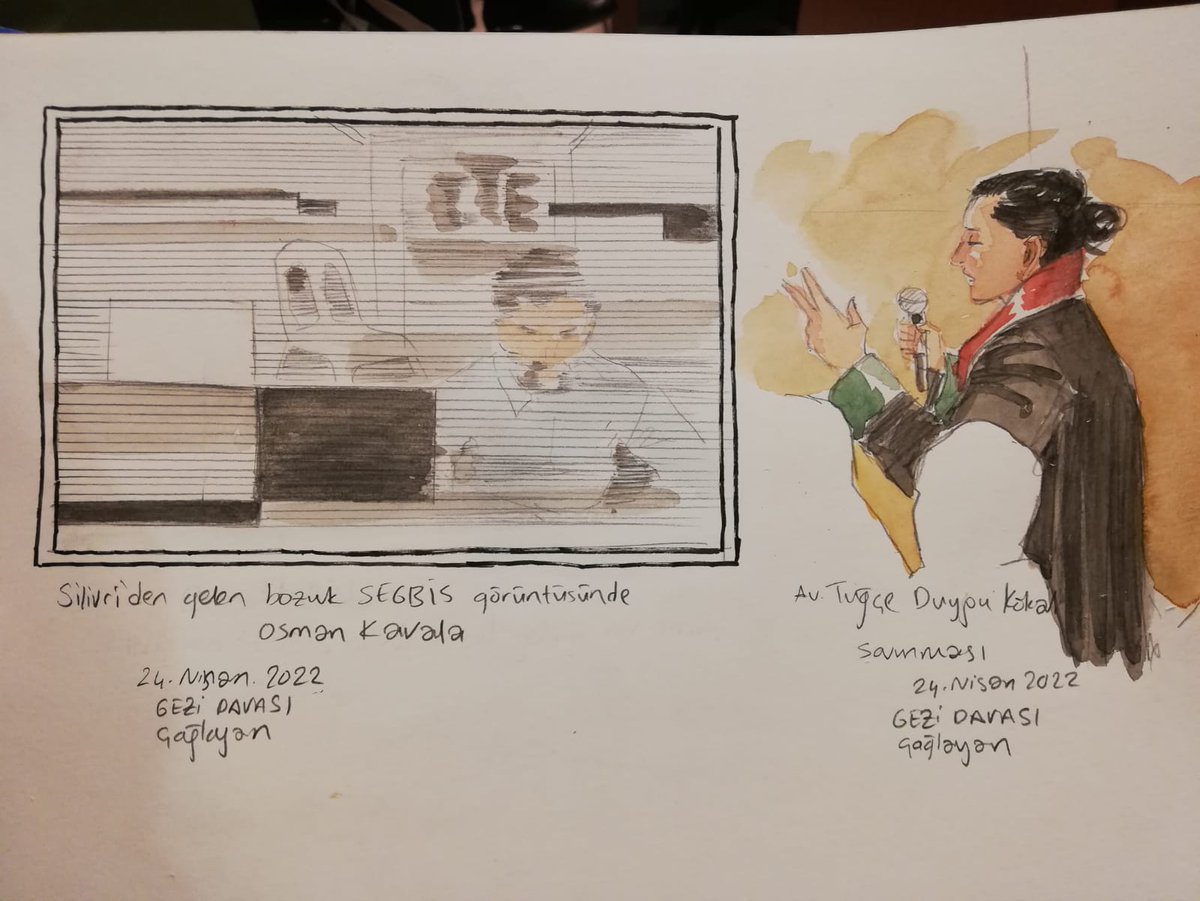 Artist's rendering of the broken SEGBIS remote system through which Osman Kaval is trying to connect to the courtroom and defendant Mine Özerden's lawyer Tuğçe Duygu Köksal.
Drawing:Murat Başol