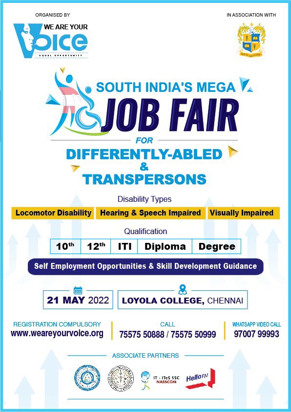 weareyourvoice3's tweet photo. We Are Your Voice ,South India’s Mega Job Fair for Persons with Disabilities &amp; Transpersons,Loyola College,Chennai,21/05/22 Registrations start today
Registration Links

Volunteers
https://t.co/Dkf8lHloWd

Job Seekers
https://t.co/B52lBtP5mV

Employers
https://t.co/mnhCrojFm6 https://t.co/5BaFiObpuH