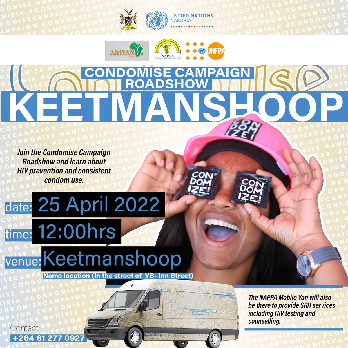 Keetmanshoop, the #CondomiseCampaignRoadshow is in town. Lets meet in Nama Location (the street of YB-Inn Street) at 12:00hrs. 👀 ya soon. #Condomise #DontCompromise